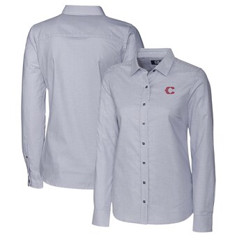 Women's Cincinnati Reds Cutter & Buck Charcoal City Connect Stretch Oxford Tri-Blend Striped Long Sleeve Dress Shirt