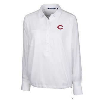 Women's Cincinnati Reds Cutter & Buck White Windward Twill Popover Long Sleeve Shirt