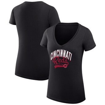 Women's Cincinnati Reds  G-III 4Her by Carl Banks Black Filigree Team V-Neck Fitted T-Shirt