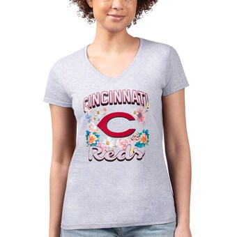 Women's Cincinnati Reds G-III 4Her by Carl Banks Heather Gray Flowers Graphic Fitted V-Neck T-Shirt