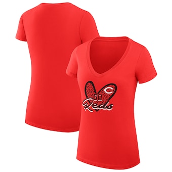 Women's Cincinnati Reds G-III 4Her by Carl Banks Red Leopard Heart Fitted V-Neck T-Shirt