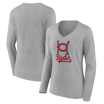 Women's Cincinnati Reds Gray Fastball Long Sleeve V-Neck T-Shirt