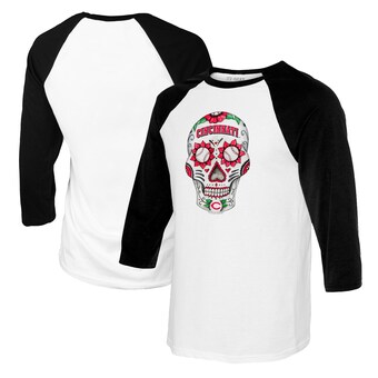 Youth Cincinnati Reds Tiny Turnip White/Black Sugar Skull Raglan 3/4 Sleeve T-Shirt