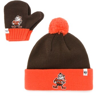 Infant '47 Brown/Orange Cleveland Browns Team Bam Bam Cuffed Knit Hat With Pom and Mittens Set