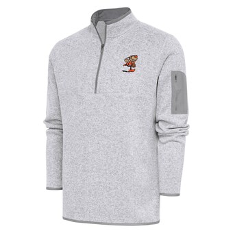 Men's Antigua Heather Gray Cleveland Browns Throwback Logo Fortune Quarter-Zip Pullover Jacket