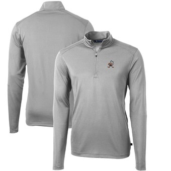 Men's Cutter & Buck Gray Cleveland Browns Throwback Logo Virtue Eco Pique Recycled Quarter-Zip Big & Tall Pullover Top