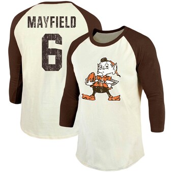 Men's Majestic Threads Baker Mayfield Cream/Brown Cleveland Browns Vintage Player Name & Number Raglan 3/4-Sleeve T-Shirt