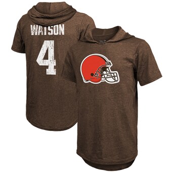 Men's Cleveland Browns Deshaun Watson Majestic Threads Brown Player Name & Number Short Sleeve Hoodie T-Shirt