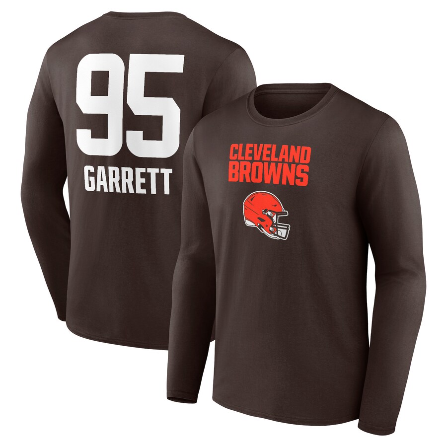 Men's Myles Garrett Brown Cleveland Browns Team Wordmark Player Name & Number Long Sleeve T-Shirt