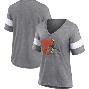 Women's Fanatics Heathered Gray/White Cleveland Browns Distressed Team Tri-Blend V-Neck T-Shirt
