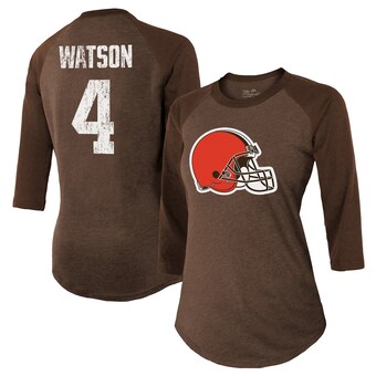 Women's Cleveland Browns Deshaun Watson Majestic Threads Brown Name & Number Raglan 3/4 Sleeve T-Shirt