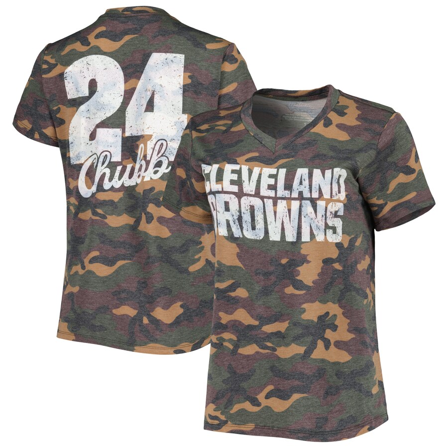 Women's Cleveland Browns Majestic Threads Nick Chubb Camo Name & Number V-Neck Tri-Blend T-Shirt