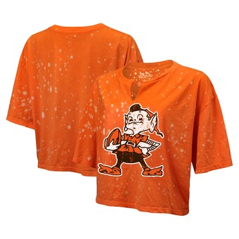 Women's Cleveland Browns Majestic Threads Orange Bleach Splatter Notch Neck Crop T-Shirt