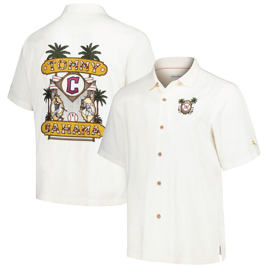 Men's Cleveland Guardians Tommy Bahama White Pitcher's Paradiso Button-Up Camp Shirt