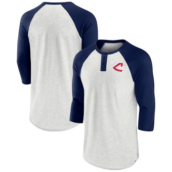 Men's Cleveland Indians Fanatics Oatmeal/Navy True Classics Better Believe Raglan Henley 3/4-Sleeve T-Shirt