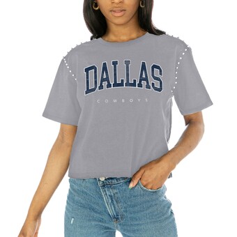 Women's Gameday Couture Gray Dallas Cowboys Elite Elegance Studded Sleeve Cropped T-Shirt