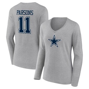 Women's Micah Parsons Gray Dallas Cowboys Icon Player Name & Number Long Sleeve V-Neck T-Shirt