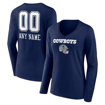 Women's Navy Dallas Cowboys Personalized Name & Number Team Wordmark Long Sleeve V-Neck T-Shirt