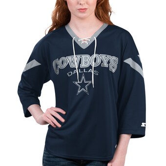 Women's Starter Navy Dallas Cowboys Rally Lace-Up 3/4-Sleeve T-Shirt