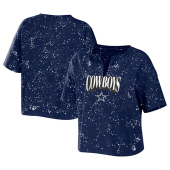 Women's Dallas Cowboys WEAR by Erin Andrews Navyy Bleach Wash Splatter Notch Neck Cropped T-Shirt