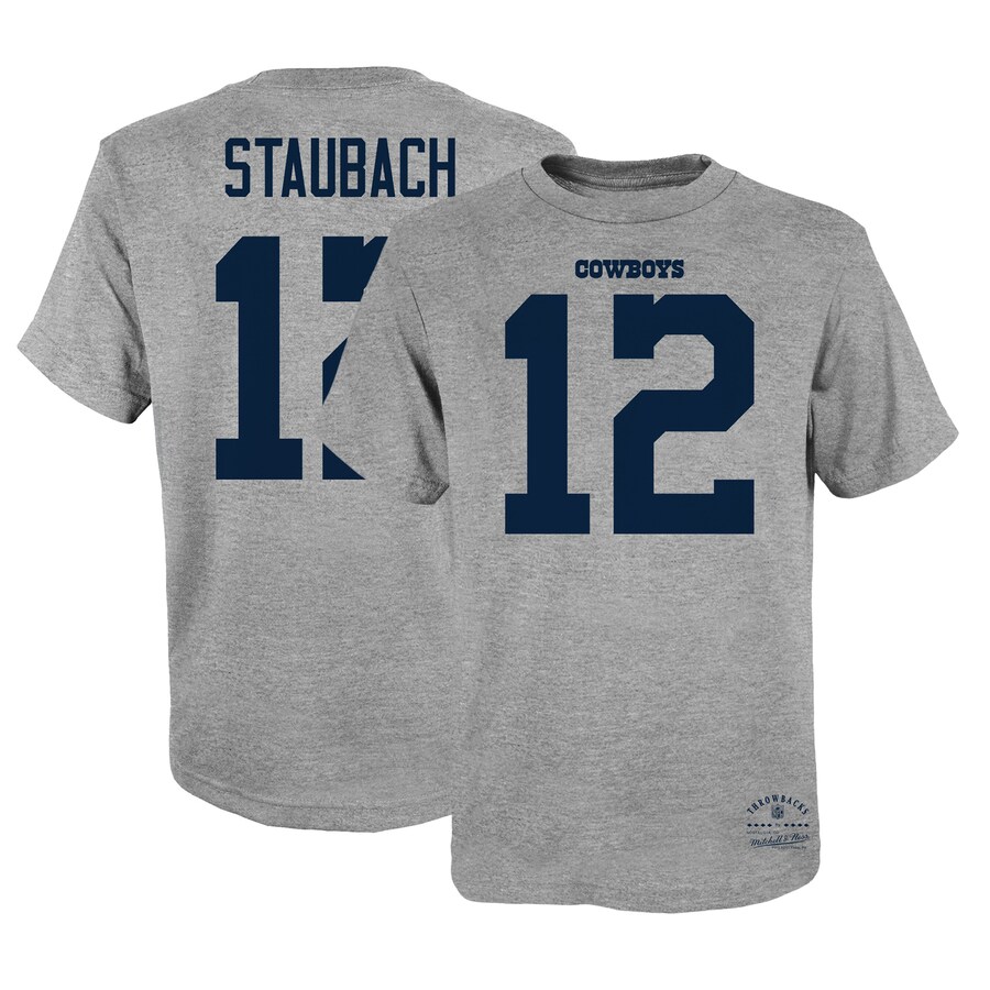 Youth Mitchell & Ness Roger Staubach Heathered Gray Dallas Cowboys Retired Retro Player Name & Number T-Shirt