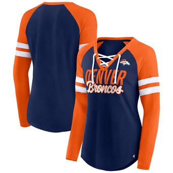 Women's Denver Broncos Fanatics Navy/Orange True to Form Raglan Lace-Up V-Neck Long Sleeve T-Shirt