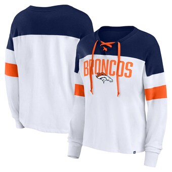 Women's Denver Broncos Fanatics White/Navy Plus Size Even Match Lace-Up Long Sleeve V-Neck Top