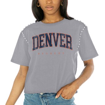 Women's Denver Broncos  Gameday Couture Gray Elite Elegance Studded Sleeve Cropped T-Shirt