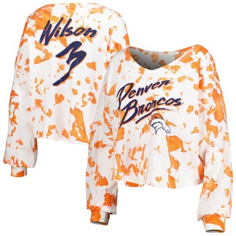 Women's Denver Broncos Russell Wilson Majestic Threads White/Orange Off-Shoulder Tie-Dye Name & Number Cropped Long Sleeve V-Neck T-Shirt