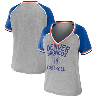 Women's Denver Broncos WEAR by Erin Andrews Heather Gray Plus Size Throwback Raglan V-Neck T-Shirt