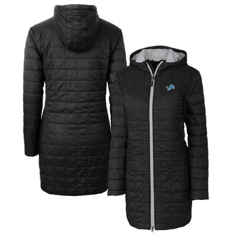 Women's Detroit Lions Cutter & Buck Black Rainier Primaloft Eco Hooded Long Lightweight Coat