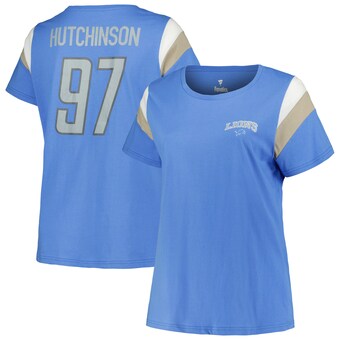 Women's Fanatics Aidan Hutchinson Blue Detroit Lions Plus Size Sleeve Stripe Name & Number T-Shirt