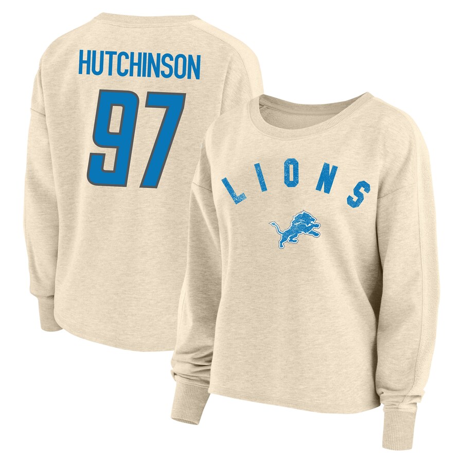 Women's Fanatics Aidan Hutchinson Oatmeal Detroit Lions Plus Size Name & Number Crew Pullover Sweatshirt