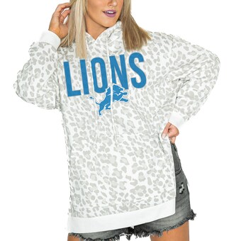 Women's Detroit Lions  Gameday Couture White Leopard Side Slit Pullover Hoodie