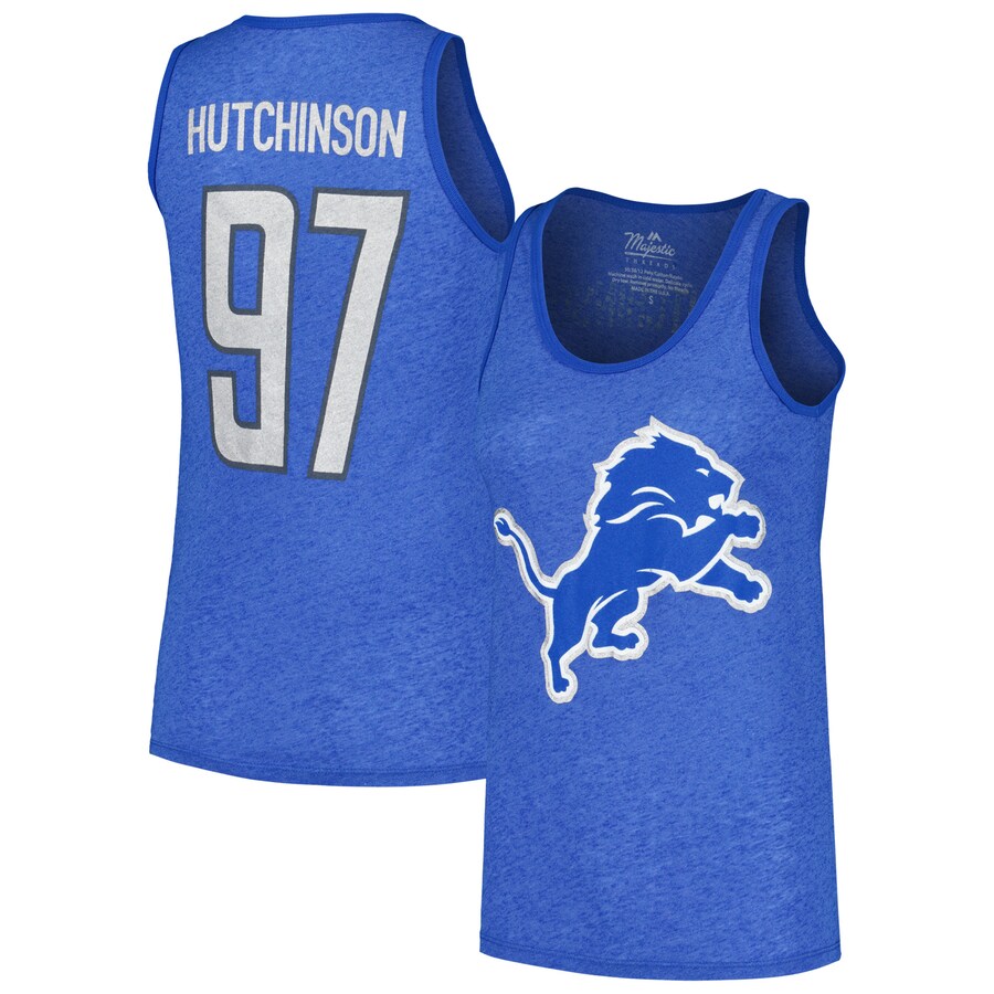 Women's Detroit Lions Aidan Hutchinson Majestic Threads Heather Blue Name & Number Tri-Blend Tank Top