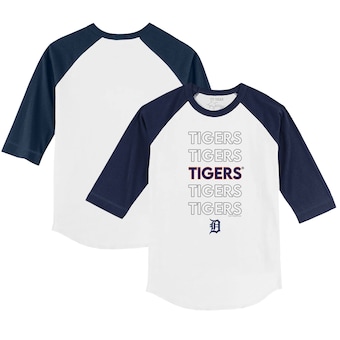 Infant Detroit Tigers Tiny Turnip White/Navy Stacked Raglan 3/4 Sleeve T-Shirt