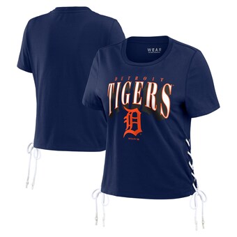 Women's Detroit Tigers WEAR by Erin Andrews Navy Side Lace-Up Cropped T-Shirt