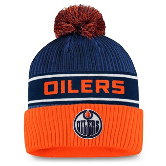 Edmonton Oilers Fanatics Authentic Pro Locker Room Cuffed Knit Hat with Pom - Navy/Orange