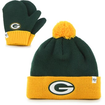 Infant Green Bay Packers '47 Green/Gold Bam Bam Cuffed Knit Hat With Pom and Mittens Set