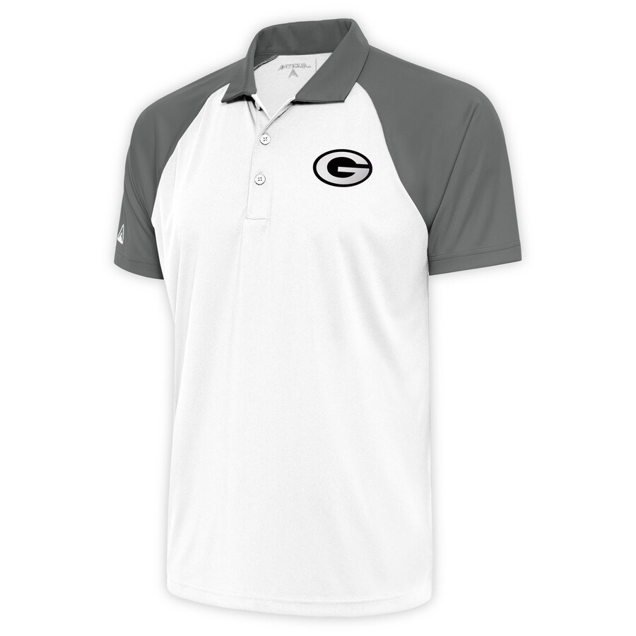 Men's Green Bay Packers Antigua White/Gray Metallic Logo Nova Polo