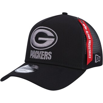 Men's Green Bay Packers  New Era x Alpha Industries Black A-Frame 9FORTY Trucker Snapback Hat