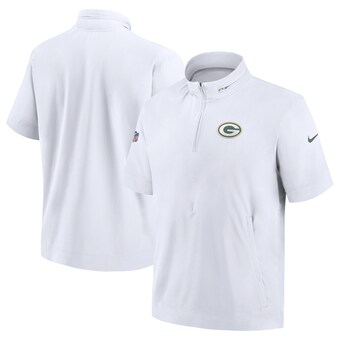 Men's Green Bay Packers  Nike White Sideline Coach Short Sleeve Hoodie Quarter-Zip Jacket