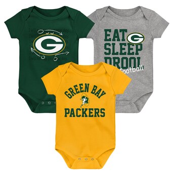 Newborn & Infant Green Bay Packers Green/Gold/Heather Gray Three-Pack Eat, Sleep & Drool Retro Bodysuit Set