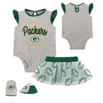 Newborn Green Bay Packers Heather Gray All Dolled Up Three-Piece Bodysuit, Skirt & Booties Set