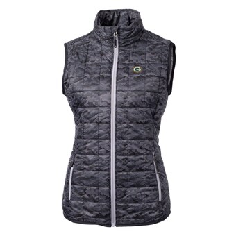 Women's Green Bay Packers Cutter & Buck Black Rainier Printed Full-Zip Puffer Vest