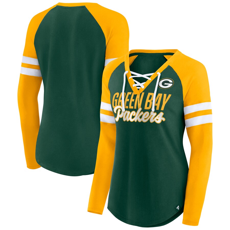 Women's Green Bay Packers Fanatics Green/Gold True to Form Raglan Lace-Up V-Neck Long Sleeve T-Shirt