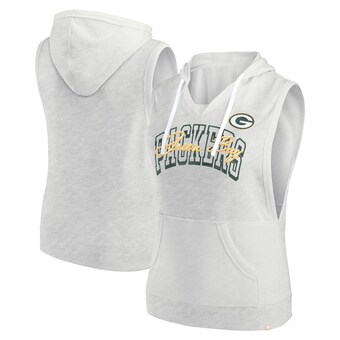 Women's Green Bay Packers Fanatics Oatmeal Lounge Script Sleeveless V-Neck Pullover Hoodie