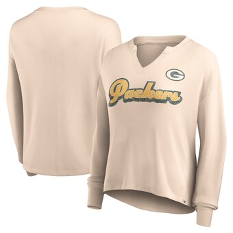 Women's Green Bay Packers Fanatics Tan Go For It Notch Neck Waffle Knit Lightweight Long Sleeve T-Shirt