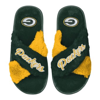 Women's Green Bay Packers FOCO Green Two-Tone Crossover Faux Fur Slide Slippers