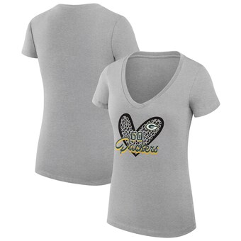 Women's Green Bay Packers G-III 4Her by Carl Banks Heather Gray Leopard Heart Fitted V-Neck T-Shirt